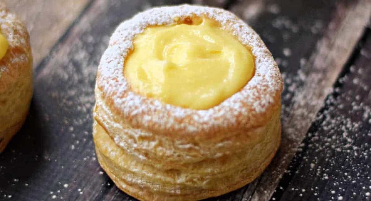 Up close image of lemon curd puff pastry tart.