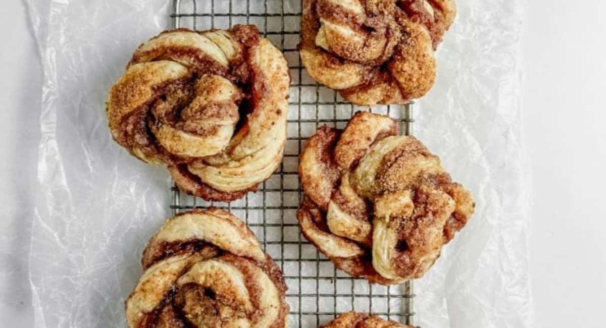 Overhead image of puff pastry spirals.