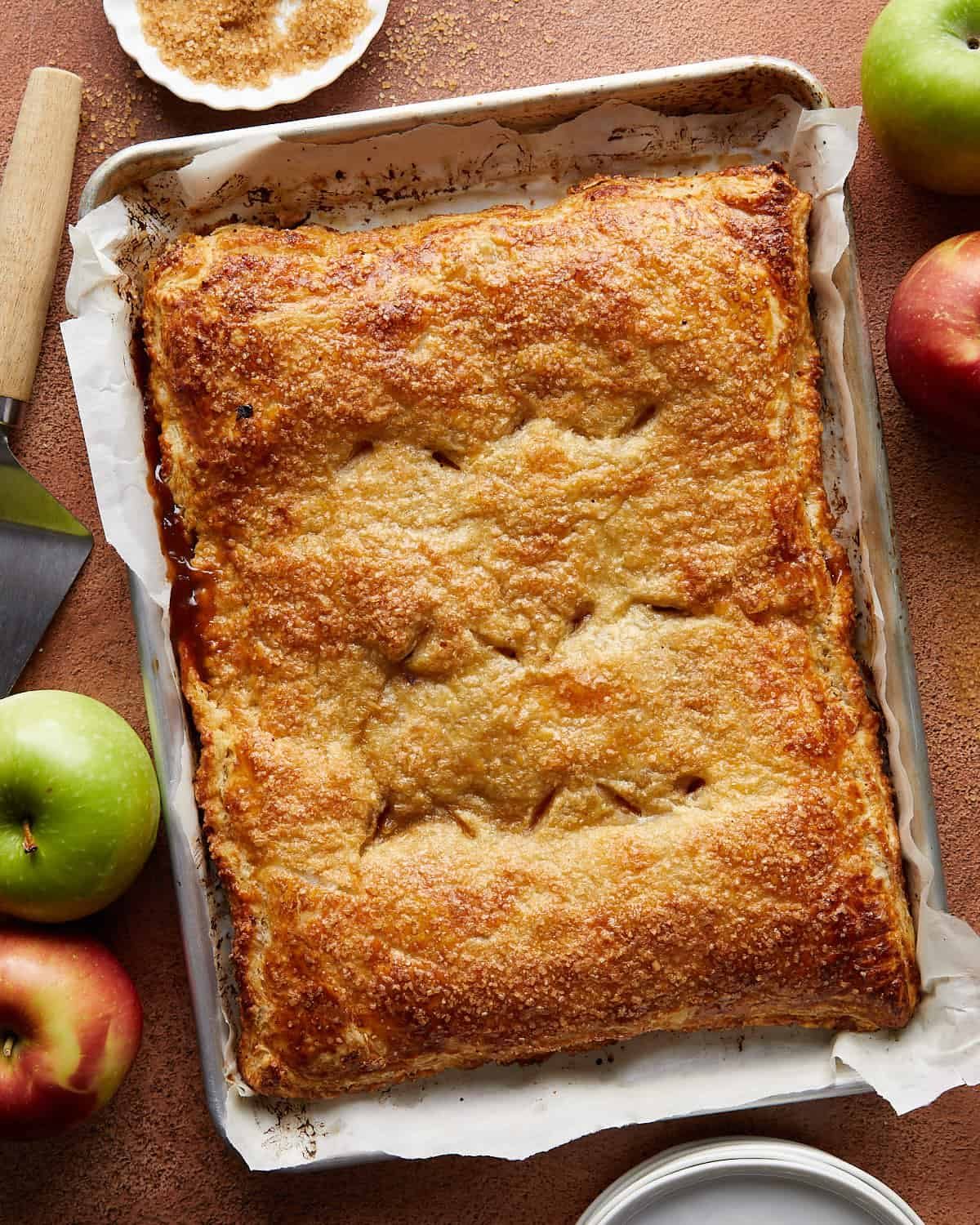 Overhead image of puff pastry apple pie (slab style).