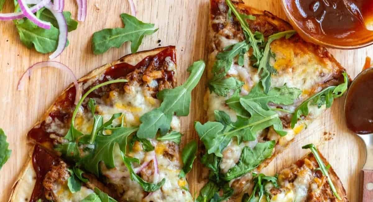Overhead image of leftover bbq pulled pork pizza.