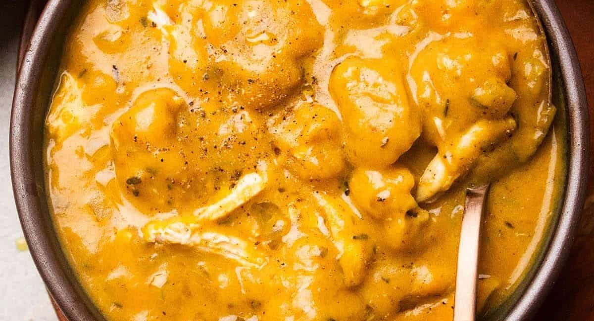 Overhead image of pumpkin chicken and dumplings soup.