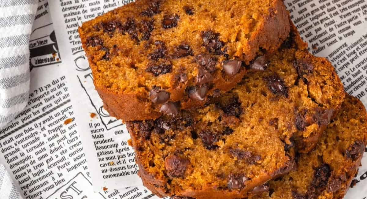 Overhead image of pumpkin and chocolate chip bread.