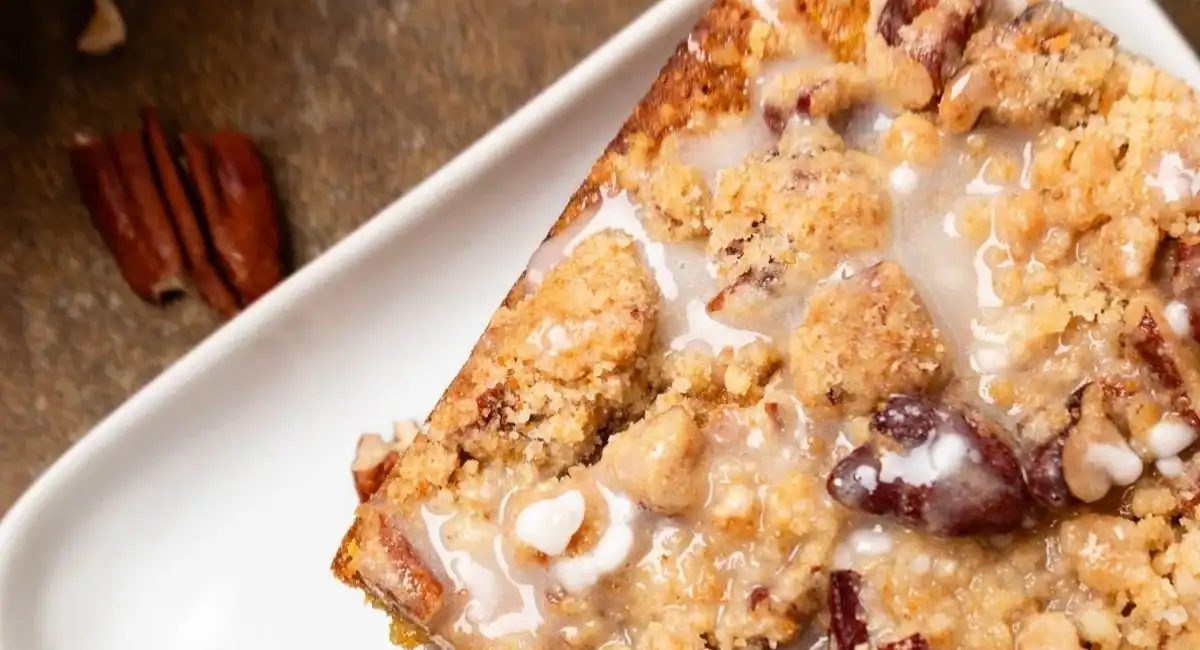 Overhead image of pumpkin coffee cake with maple glaze.