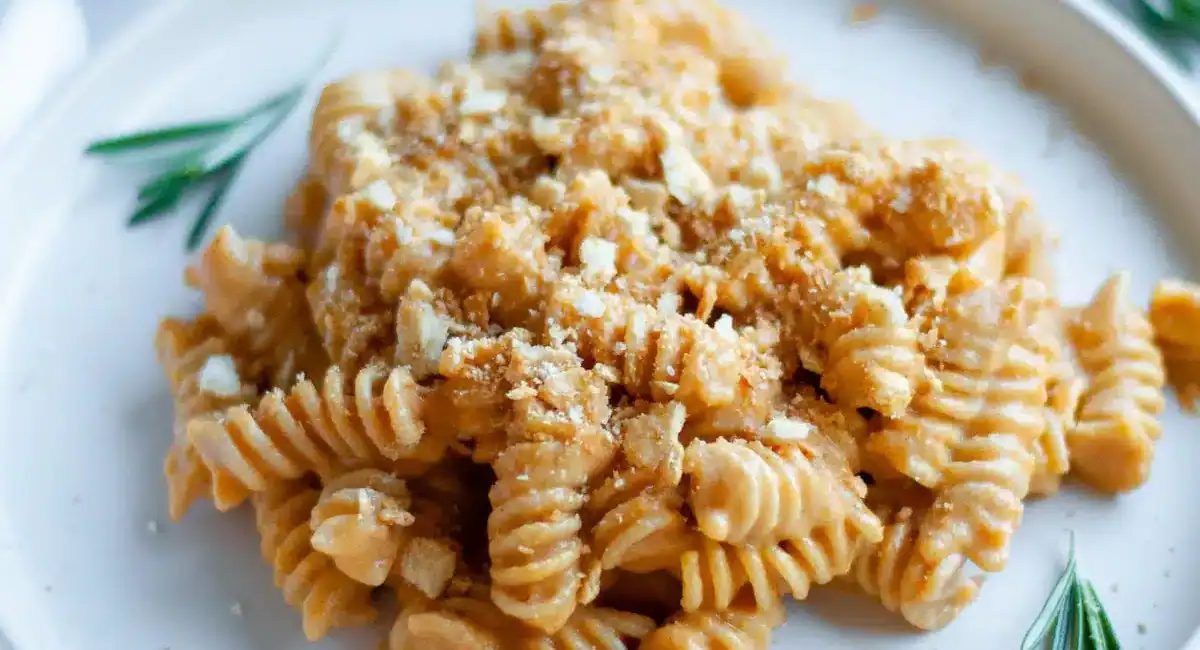 Up close image of pumpkin mac and cheese with garnish on white dish.