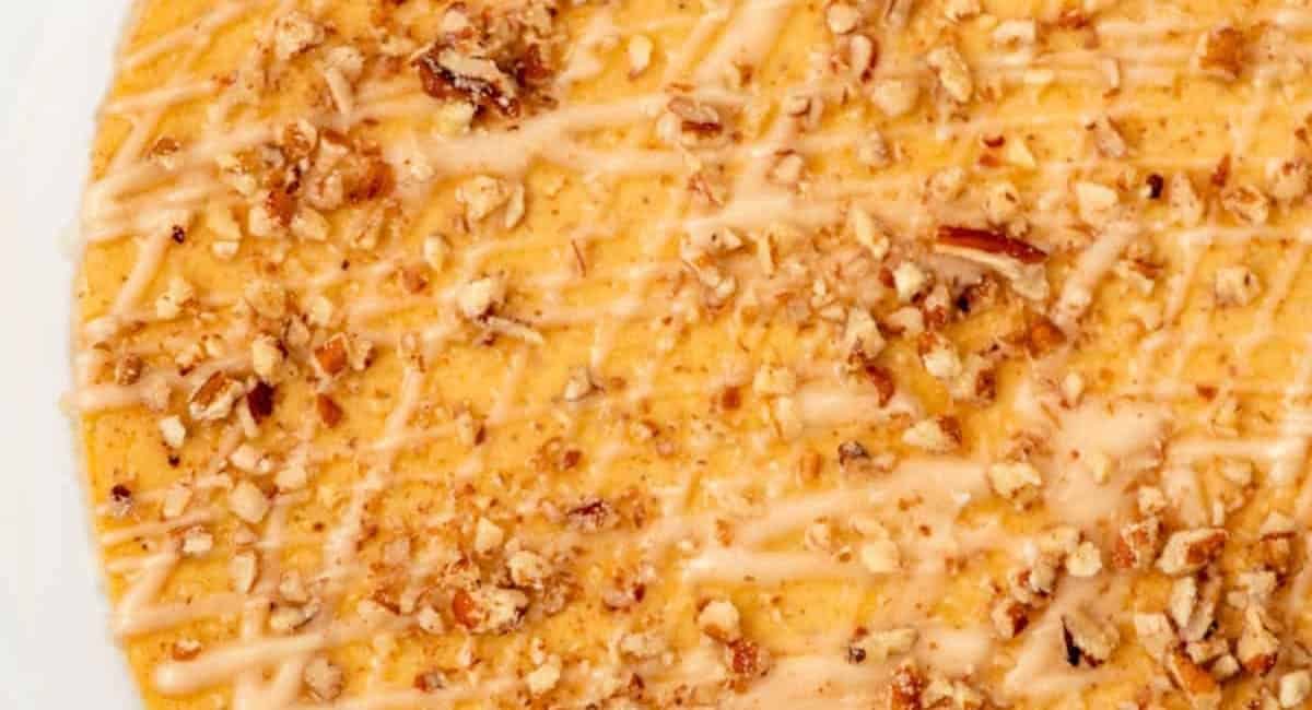 Overhead image of pumpkin pecan cheesecake.