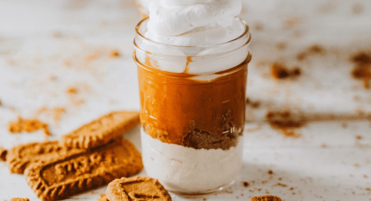 Side profile image of no bake pumpkin cheesecake trifle.
