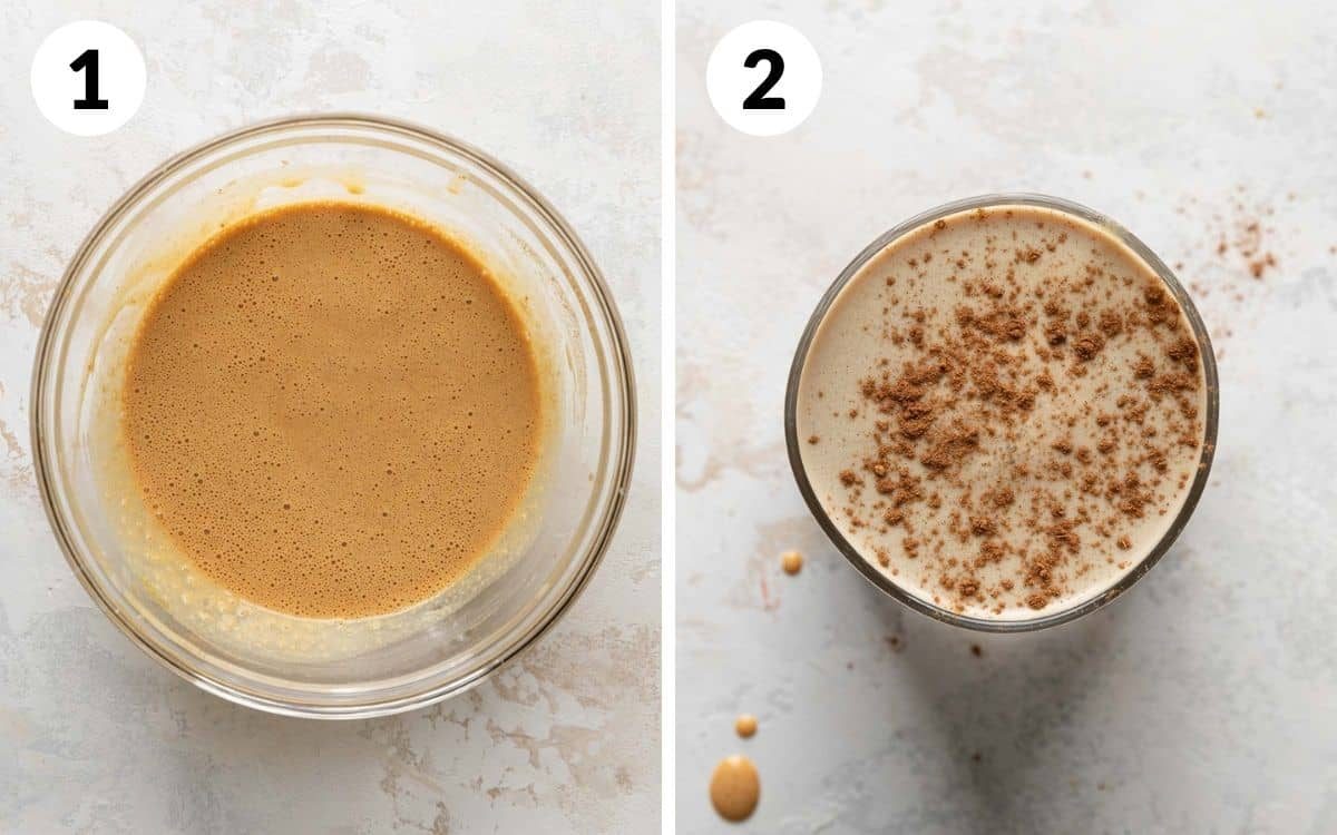 Steps 1 & 2 pumpkin cream in mixing bowl cream poured in cold coffee with extra pumpkin pie spice on top