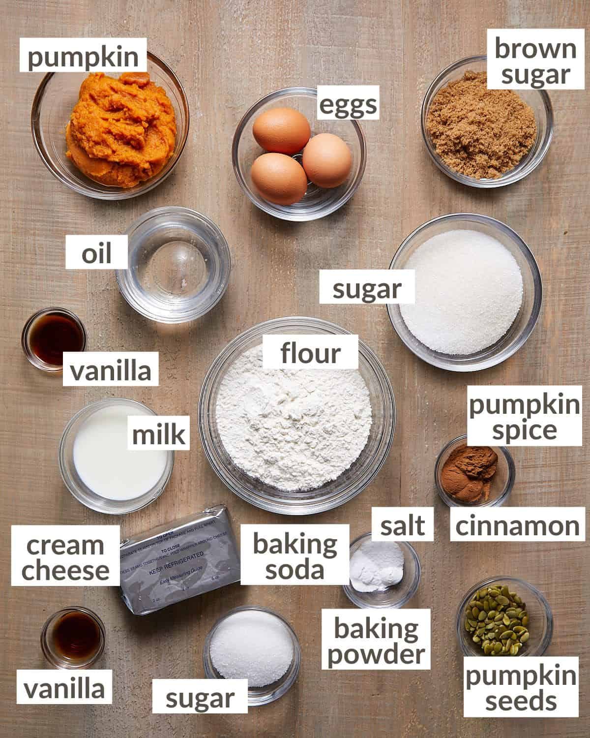 Ingredients needed to make pumpkin bread with cream cheese filling.