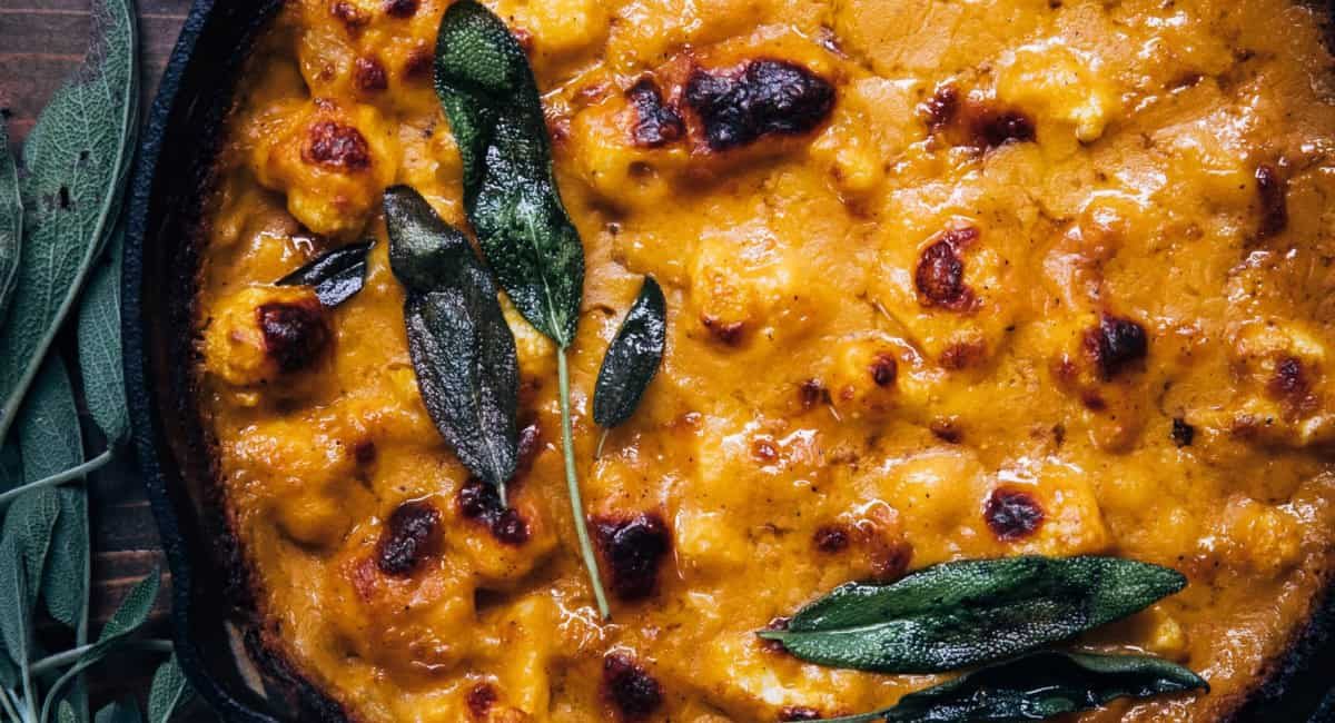 Overhead up close image of pumpkin cauliflower gratin.