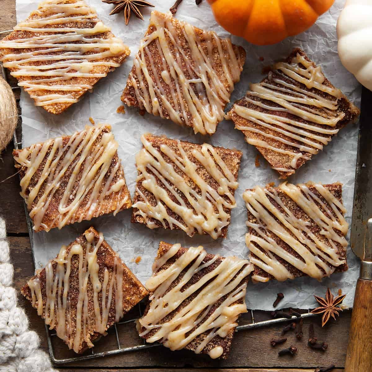 Pumpkin Snickerdoodle Bars with Cream Cheese Glaze