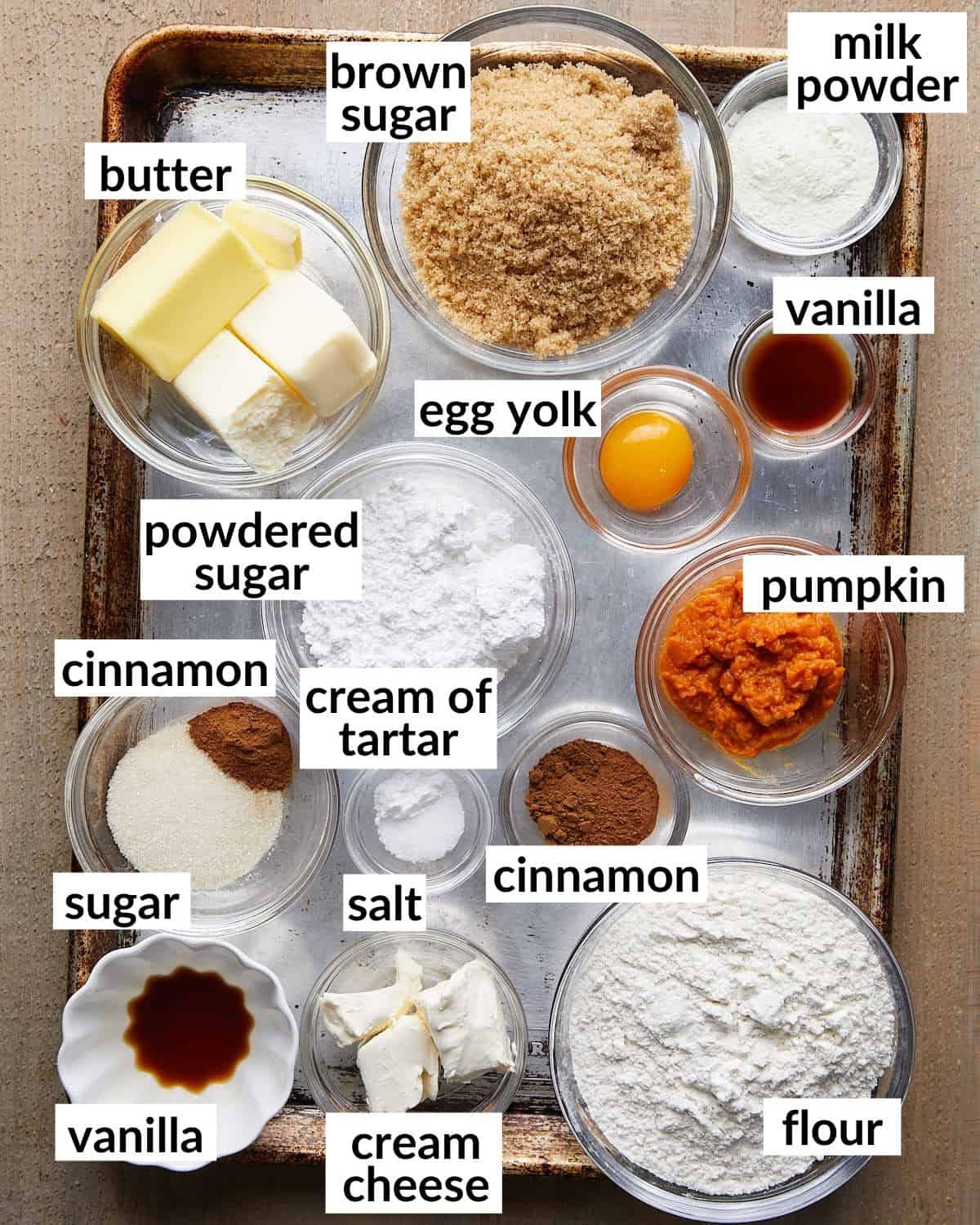 Overhead image of ingredients needed to make pumpkin snickerdoodle bars.