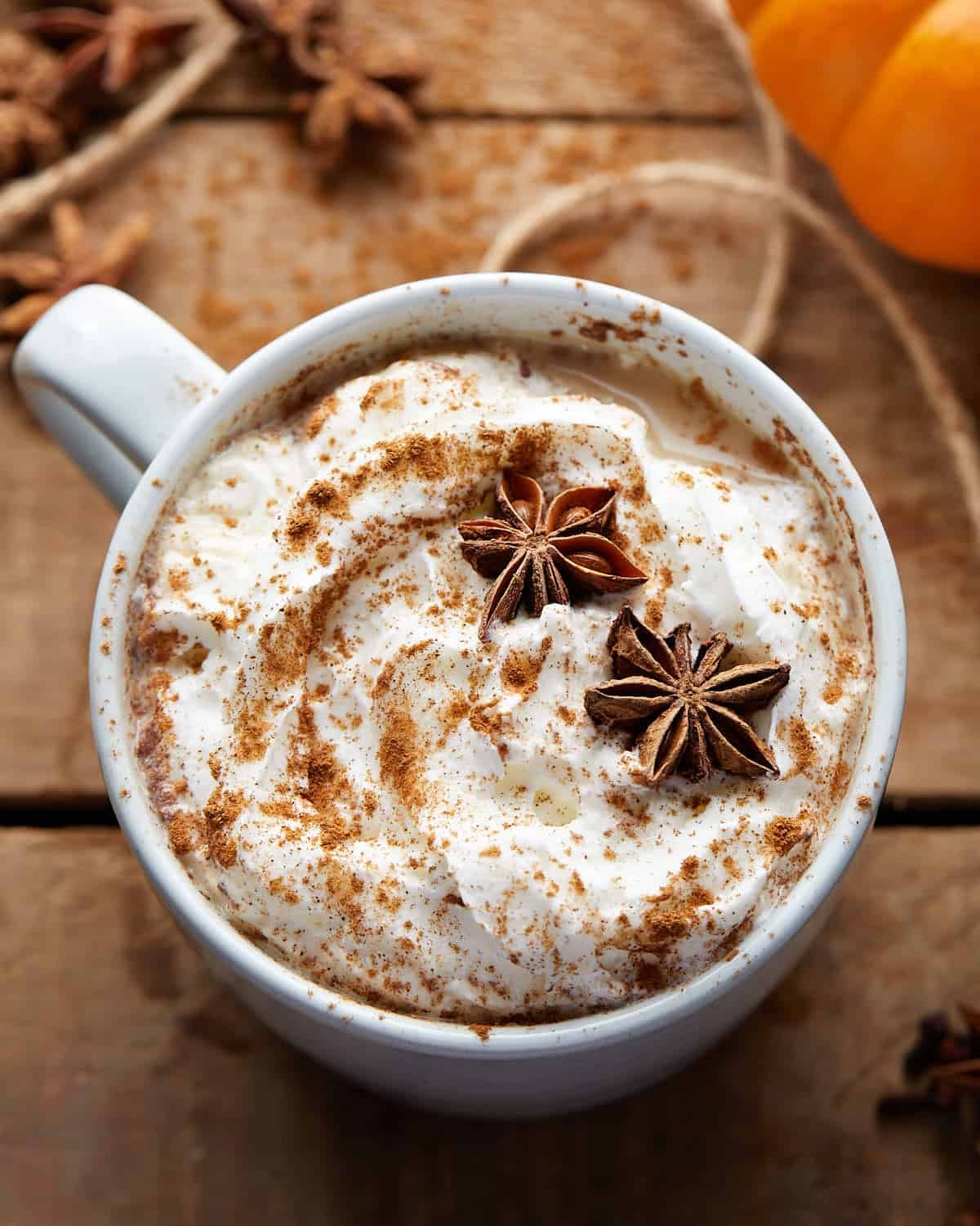 Up close image of pumpkin spice chai latte.