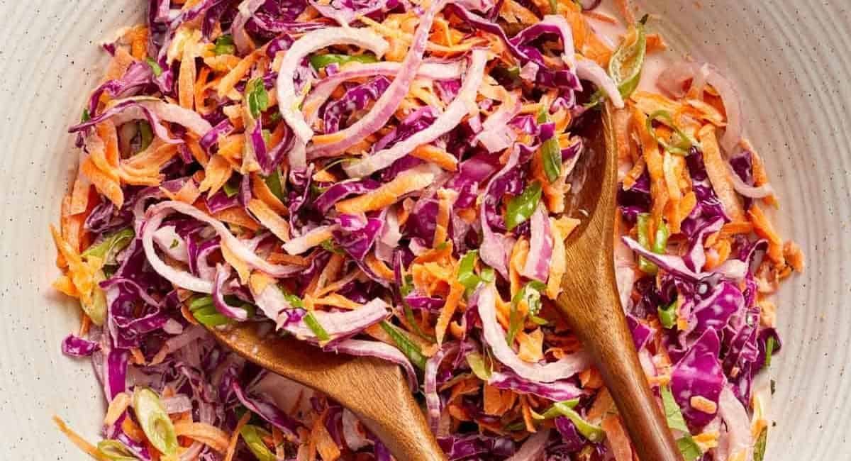 Overhead image of purple cabbage slaw.