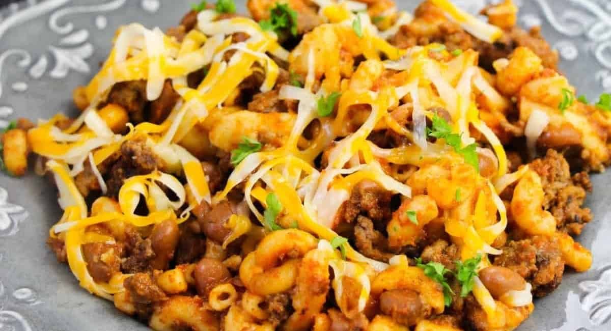 Up close image of crock pot chili mac and cheese.