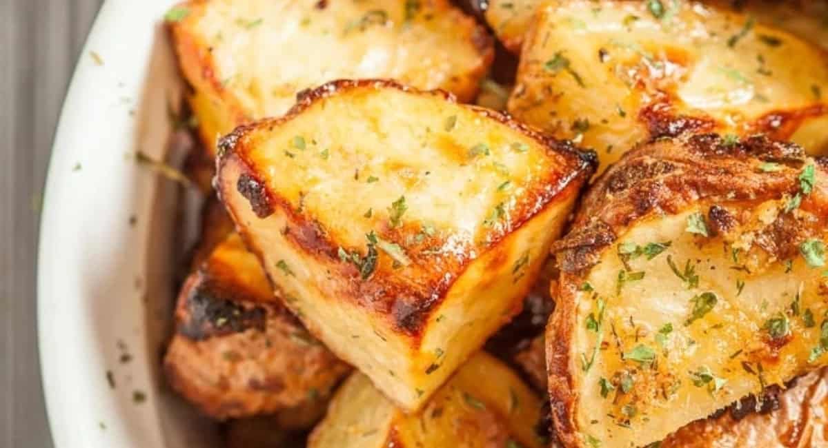 Up close image of ranch roasted potatoes with garnish.