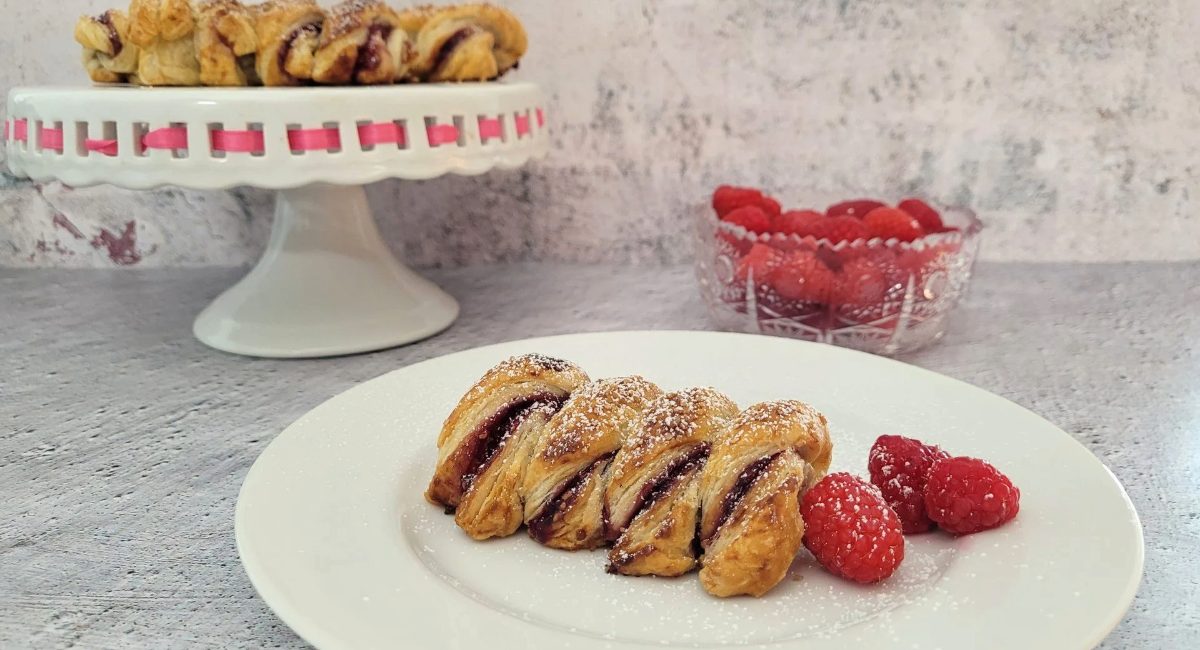 Up close image of raspberry almond twists.