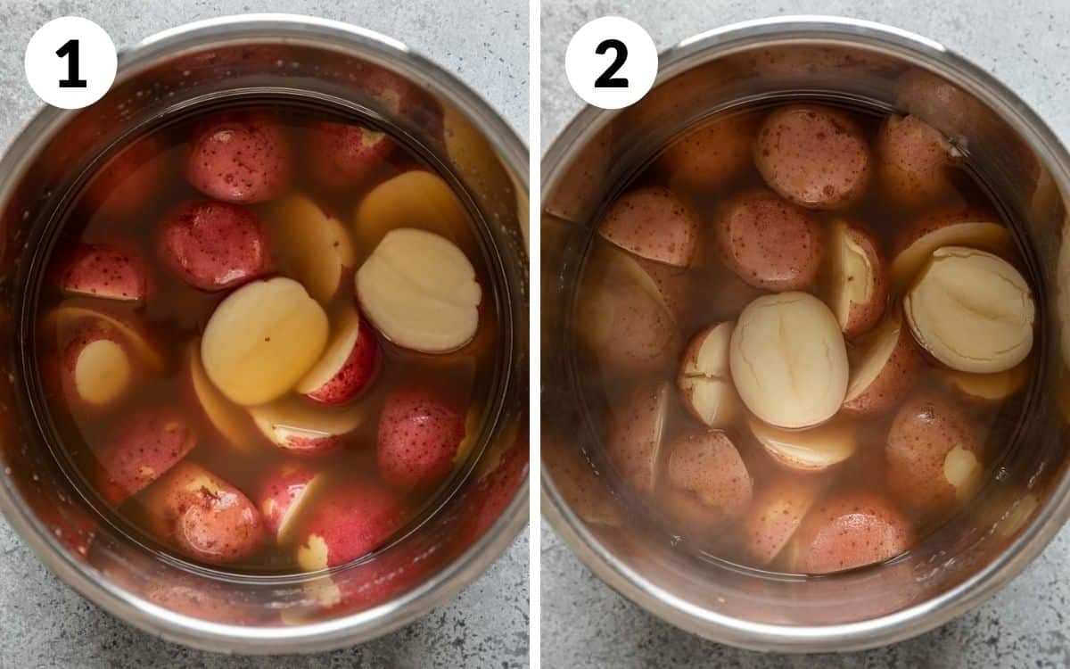 steps 1 & 2 potatoes covered in broth in pot cooked potatoes in pot