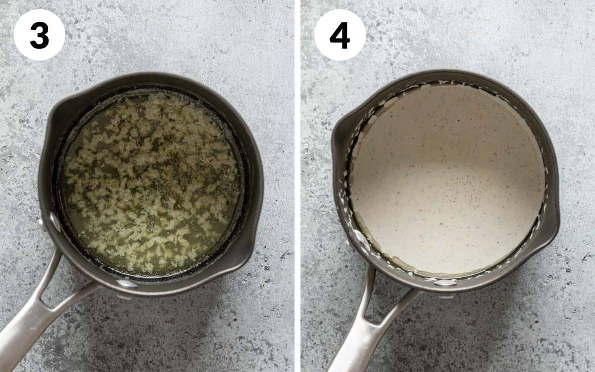 steps 3 & 4 garlic cooked in butter in pot sour cream and half and half stirred in