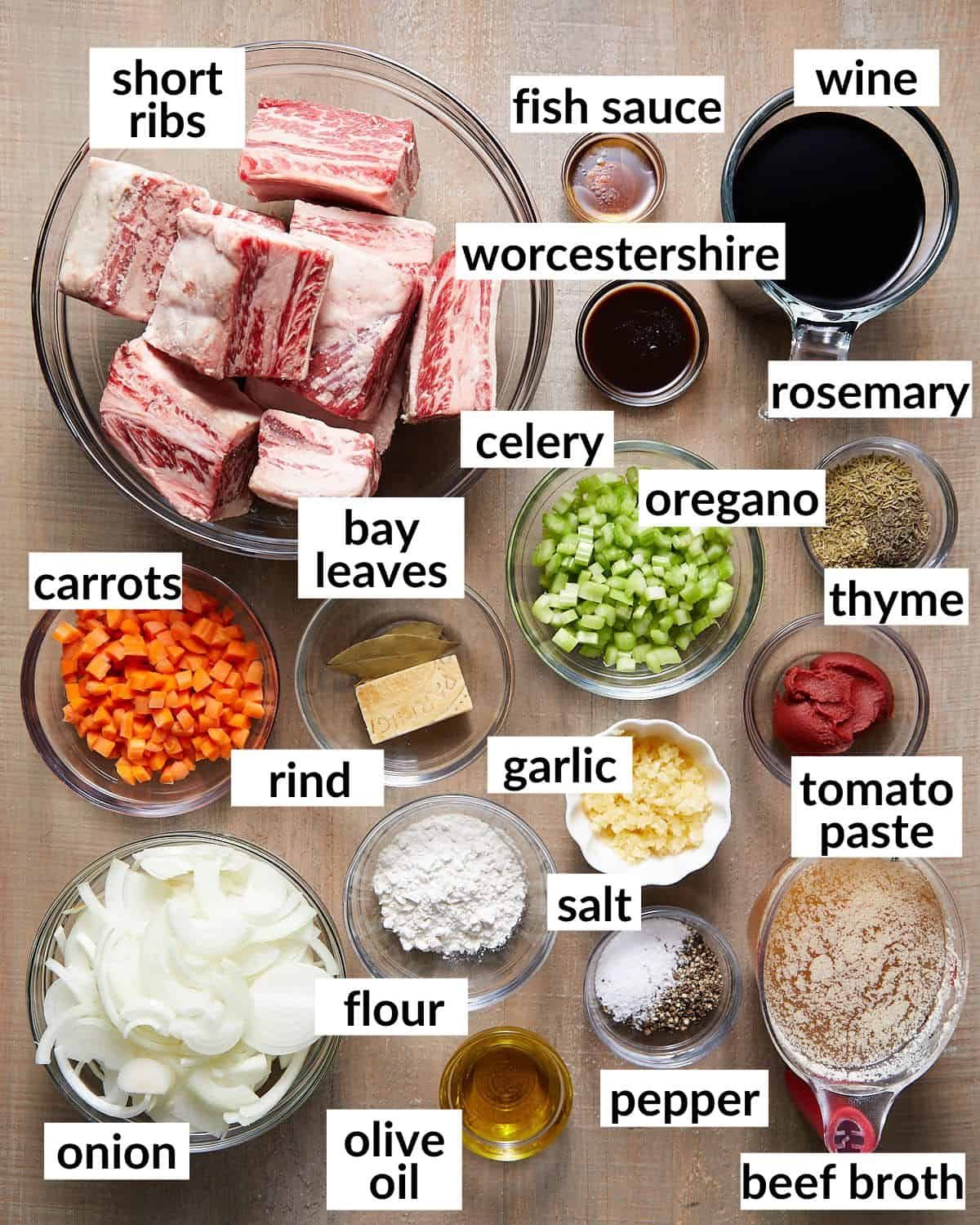 An overhead image of ingredients needed for red wine short ribs.