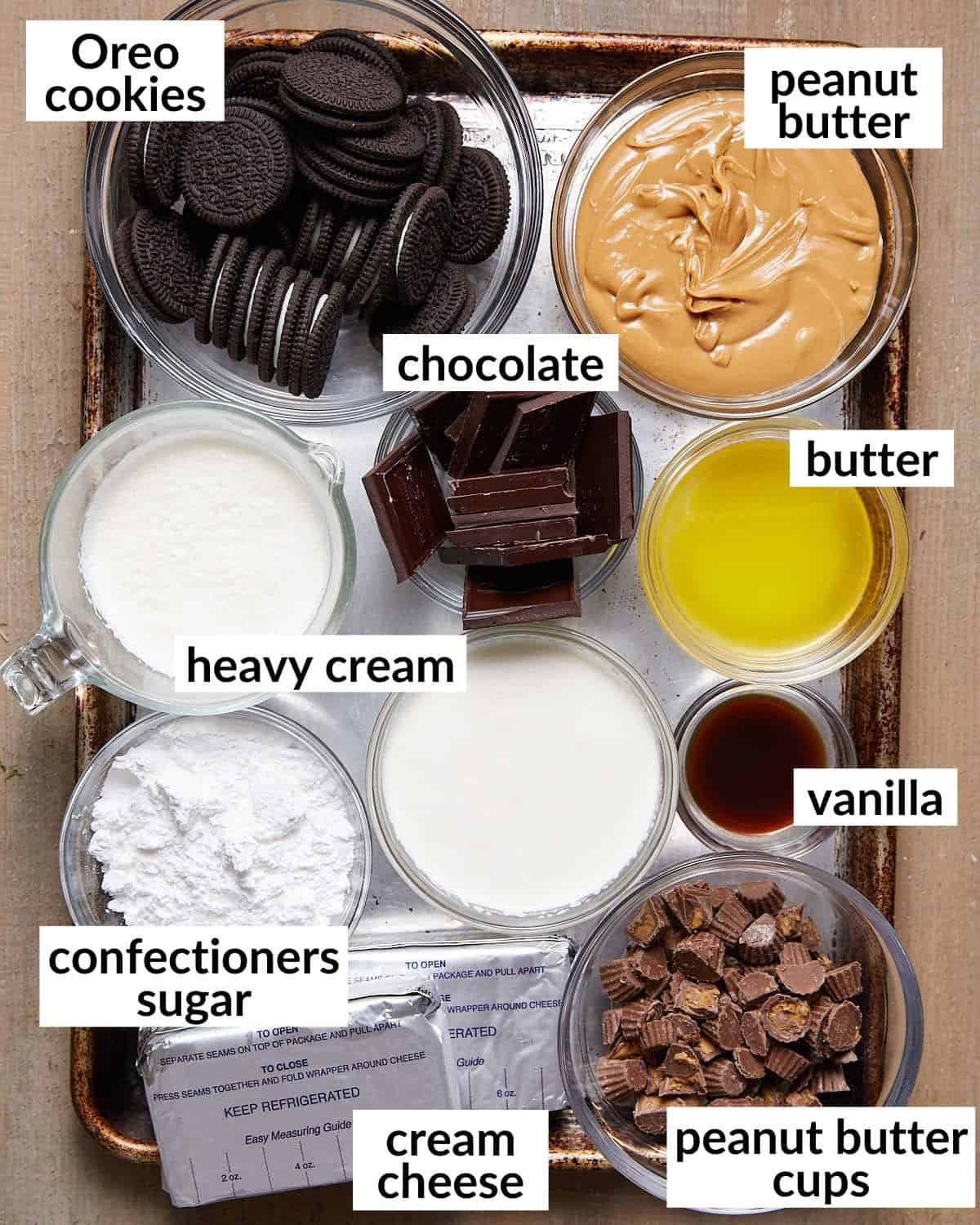 Overhead image of ingredients needed to make reeses peanut butter cup pie.