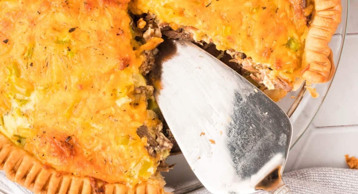 Overhead image of roast beef quiche.