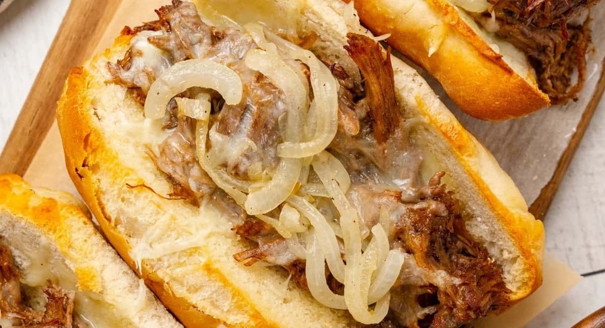Overhead image of roast beef sandwiches.