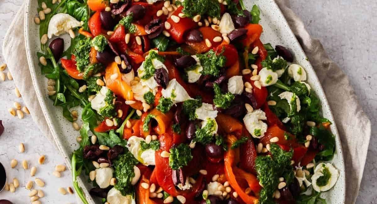 Overhead image of roasted red pepper salad.