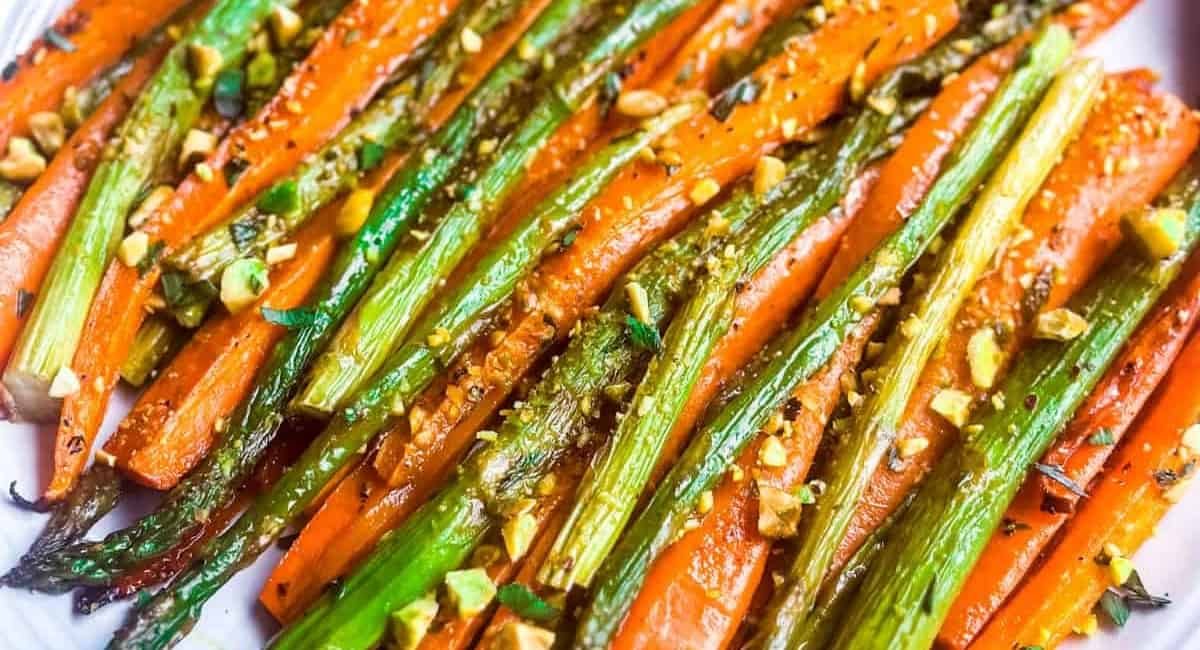 Overhead image of roasted carrots and asparagus.