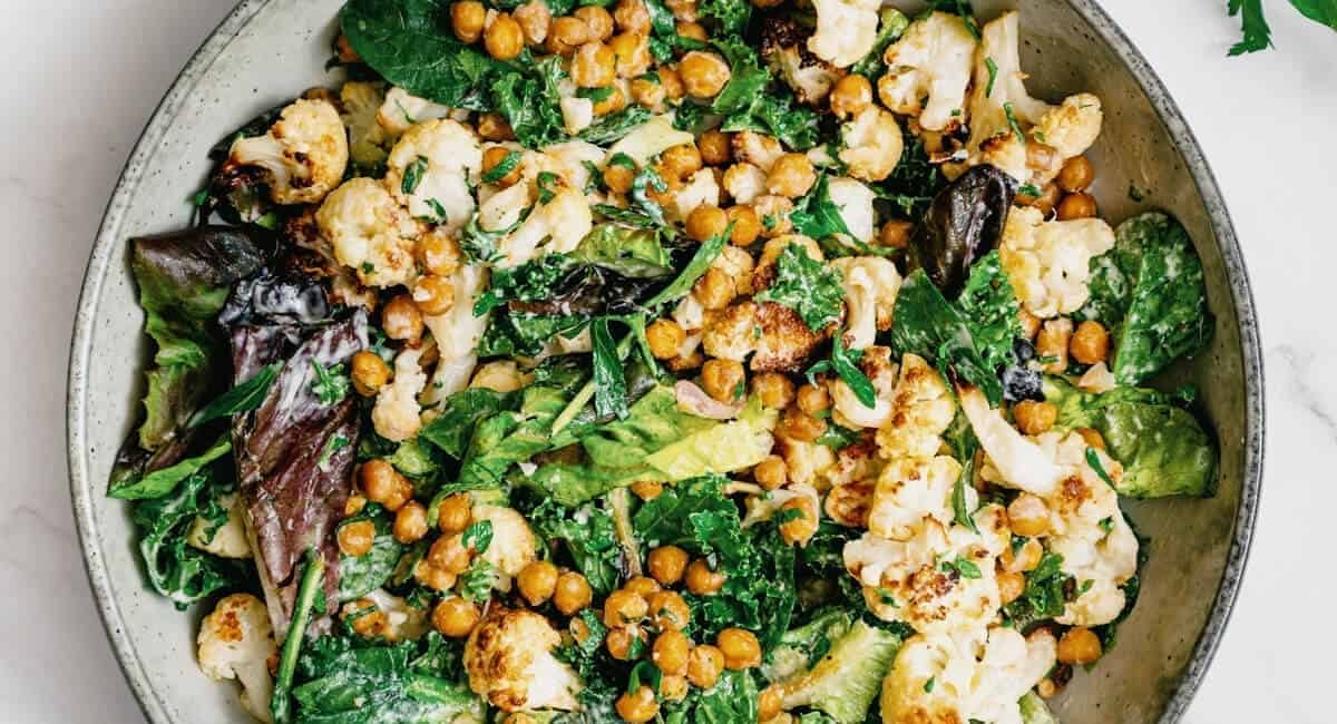 Overhead image of roasted cauliflower chickpea salad.
