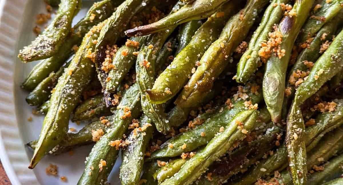 Overhead up close image of roasted garlic parmesan green beans.