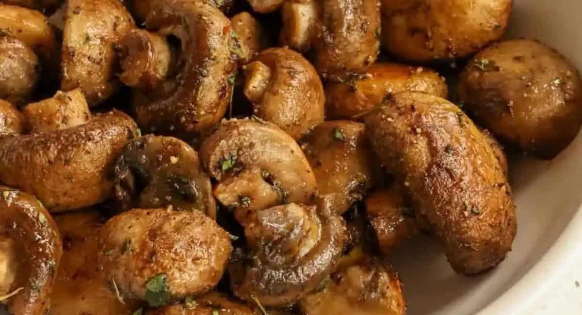 Overhead image of roasted mushrooms.