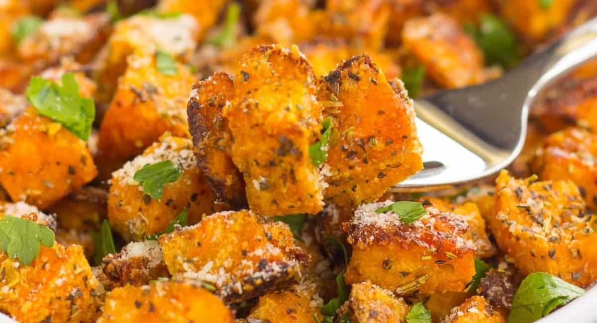 Up close image of roasted parmesan herb sweet potatoes.