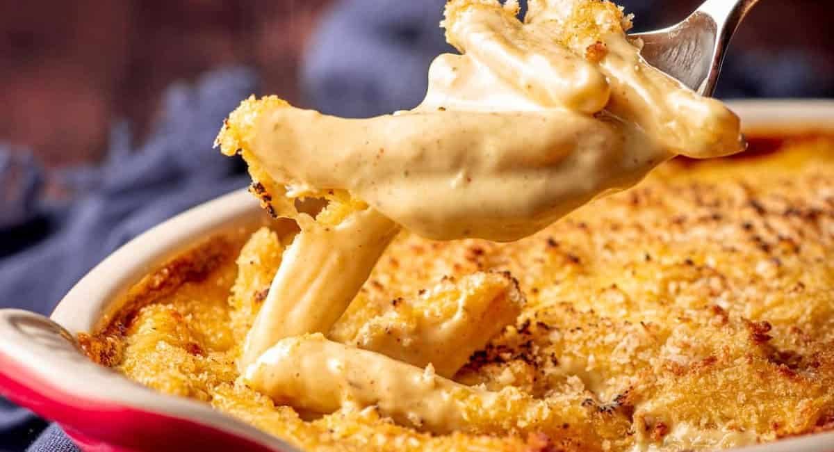 Up close image of roasted poblano and smoked gouda mac and cheese.