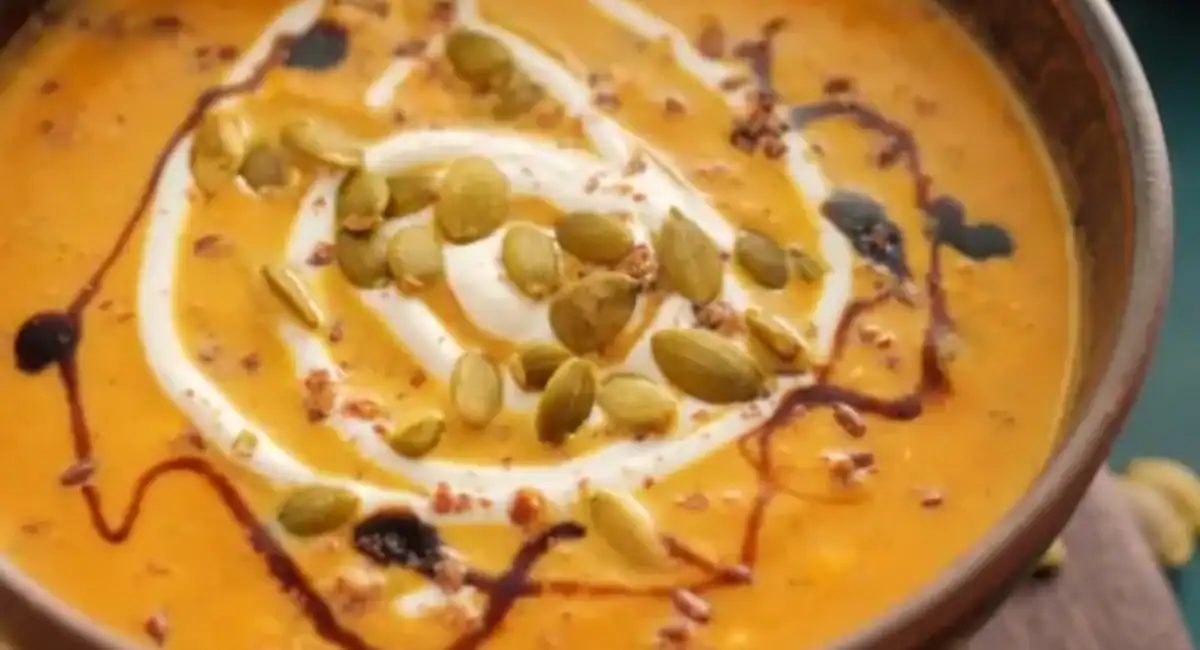 Overhead up close image of roasted pumpkin soup with garnish.