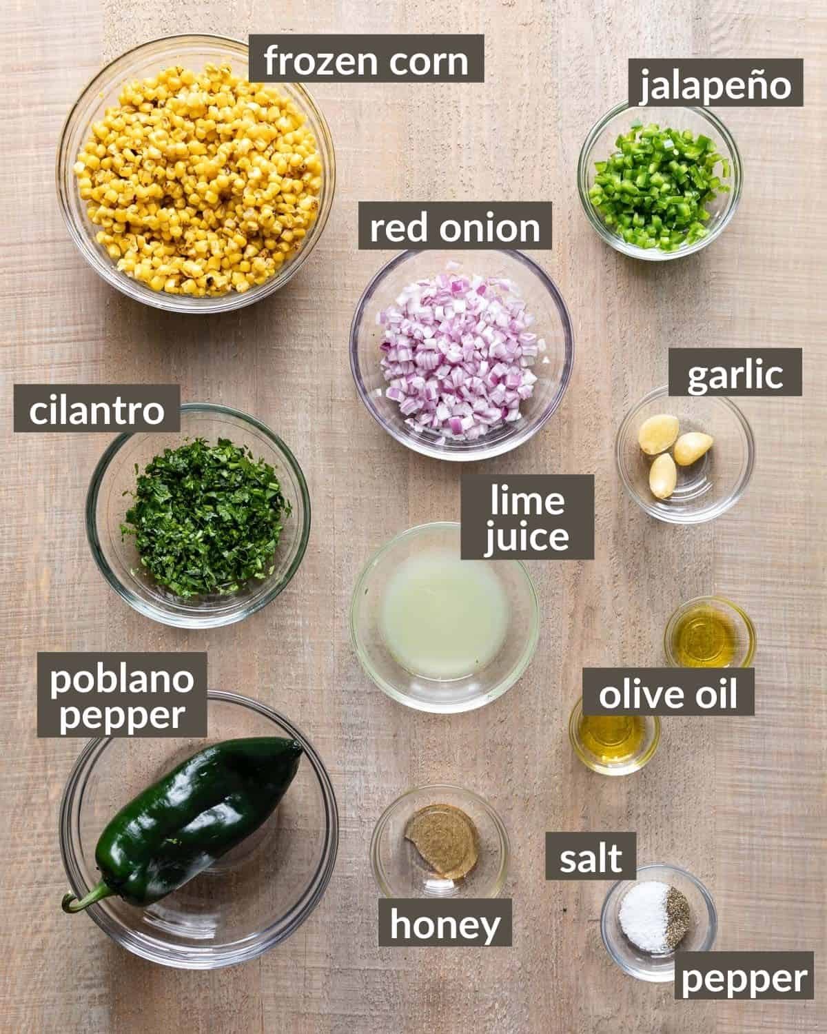 overhead shots of ingredients needed for roasted chili corn salsa