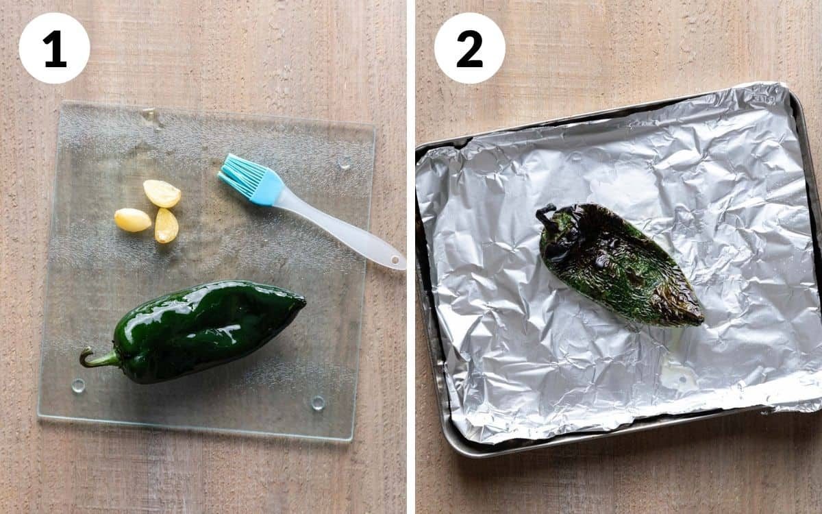 steps 1 & 2 garlic and poblano brushed with olive oil roasted poblano on sheet