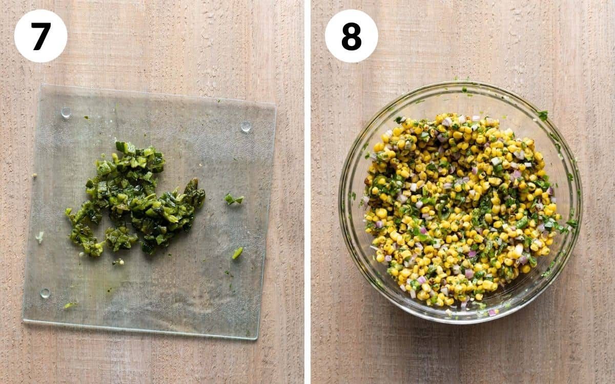steps 7 & 8 poblano diced roasted chili corn salsa tossed in bowl