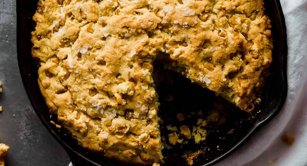 Overhead image of rosemary skillet cornbread.