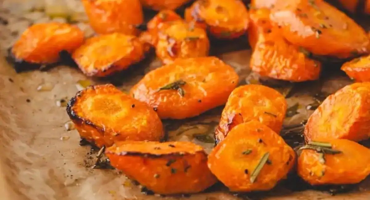 Up close image of oven roasted rosemary carrots on parchment paper covered baking dish.