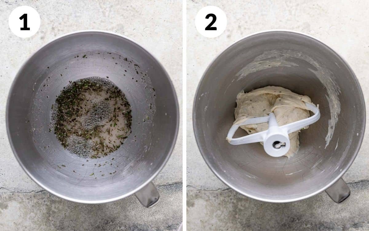 A 2 photo collage showing beginning steps for garlic herb breadsticks.