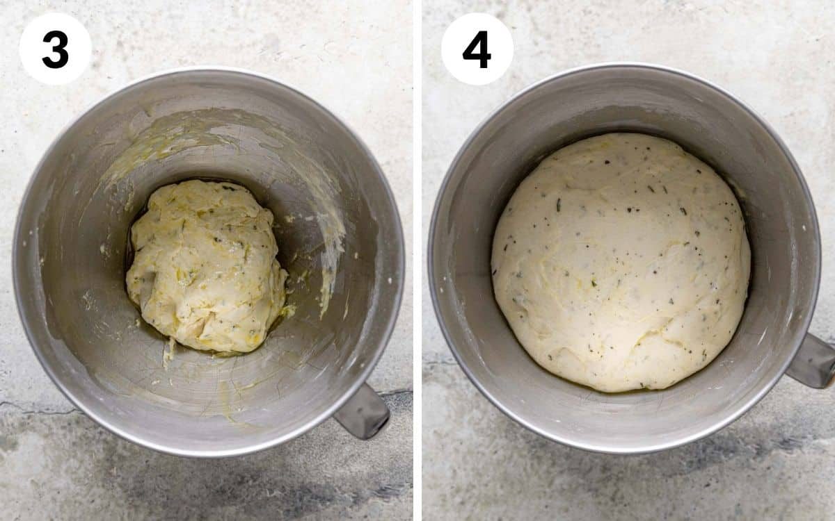 A 2 photo collage showing the middle steps of garlic herb breadsticks.
