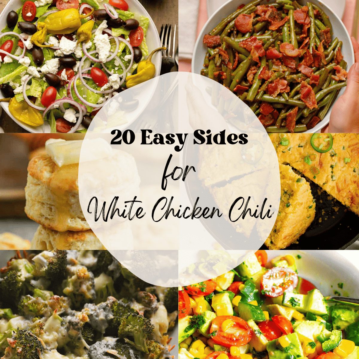 A 6 photo collage showing easy side dishes for white chicken chili.