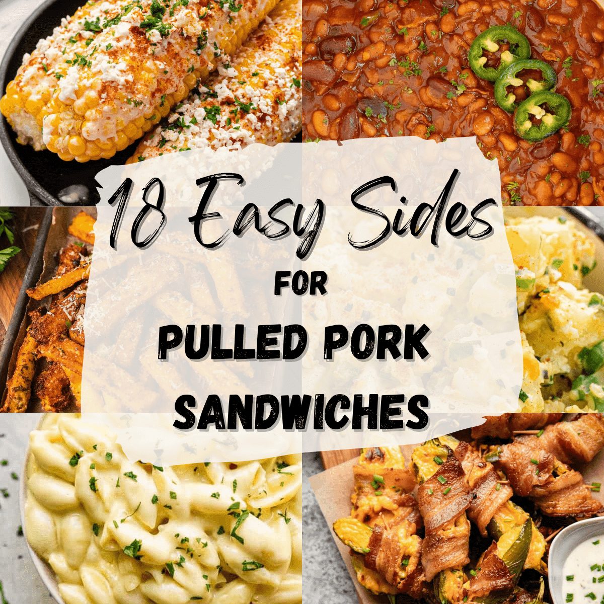 A 6 photo collage showing side dishes for pulled pork sandwiches.
