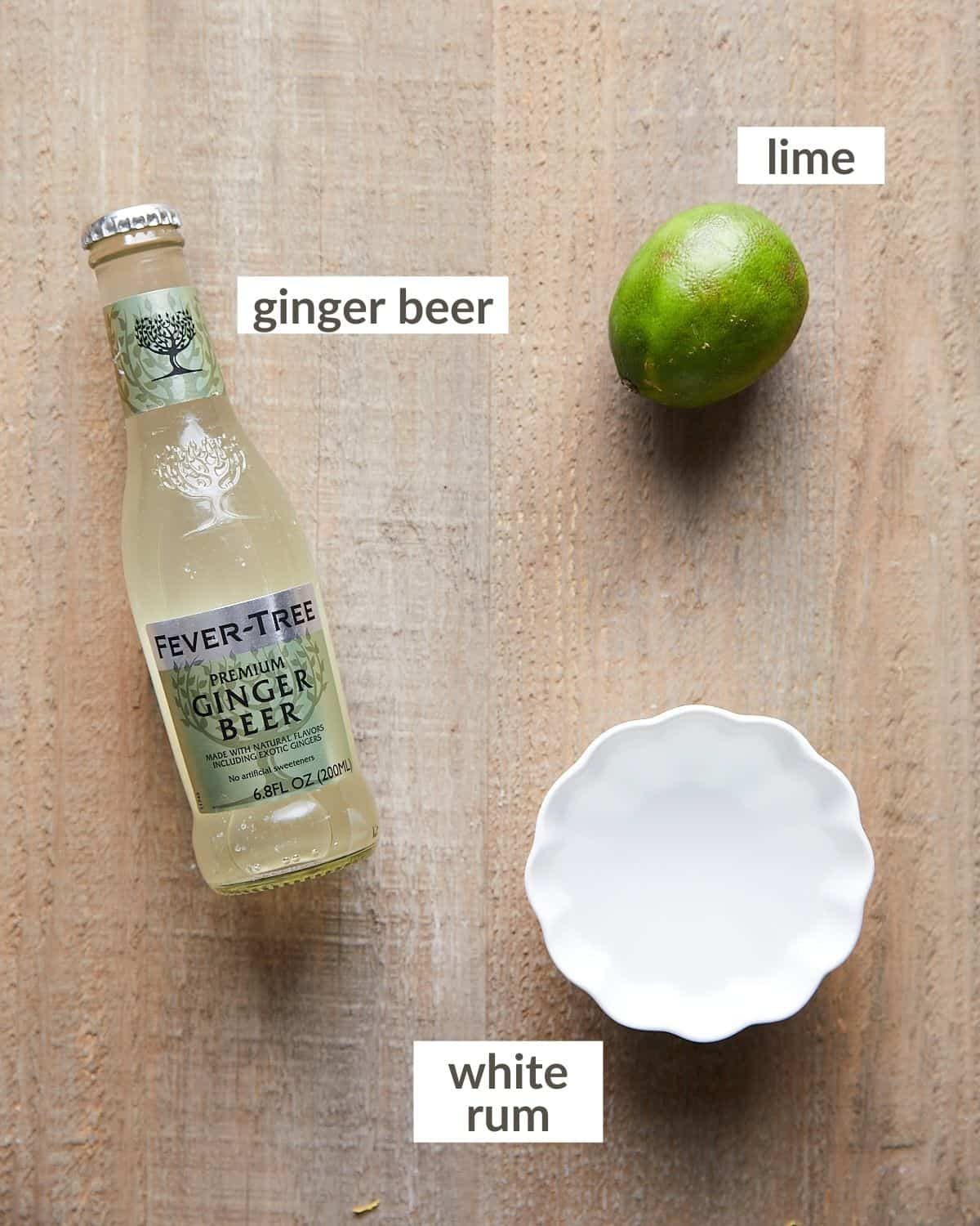 Ingredients needed to make a rum moscow mule.