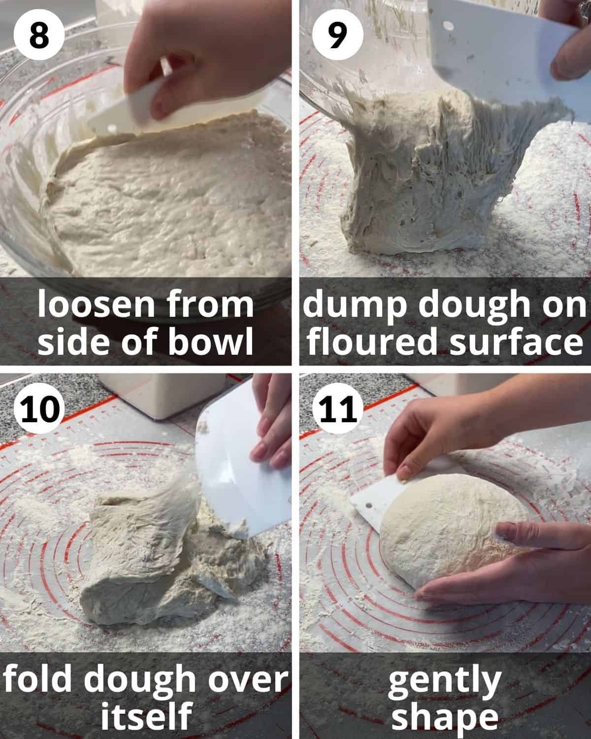 Four-panel sequence showing sticky risen dough loosened from the bowl, turned onto a floured surface, folded, and shaped into a round.