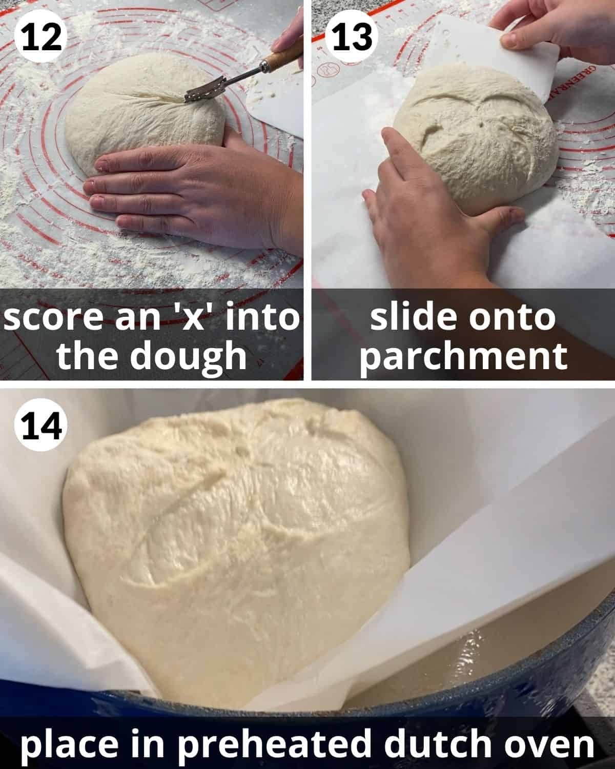Three-panel sequence showing an X scored in the dough, the loaf moved onto parchment, and the parchment lowered into a Dutch oven.