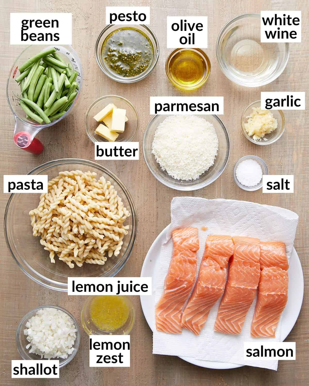 An overhead image of ingredients needed for salmon pasta without cream.