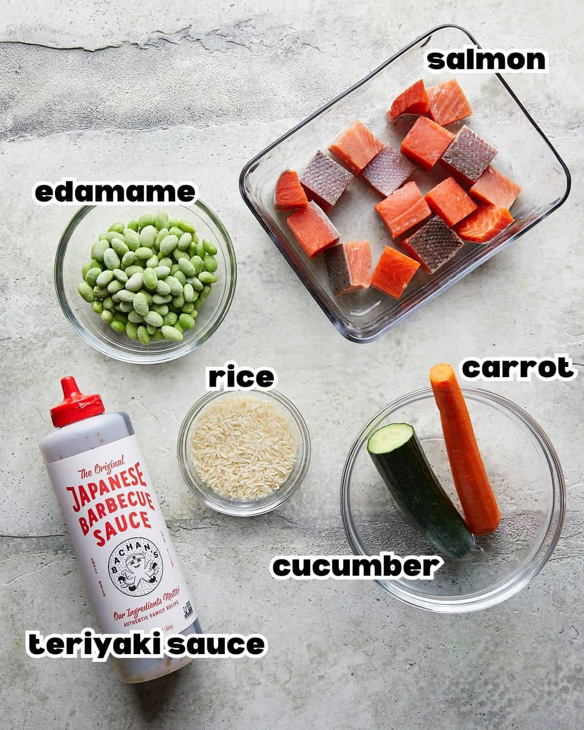 Overhead image of ingredients needed to make teriyaki salmon rice bowls.