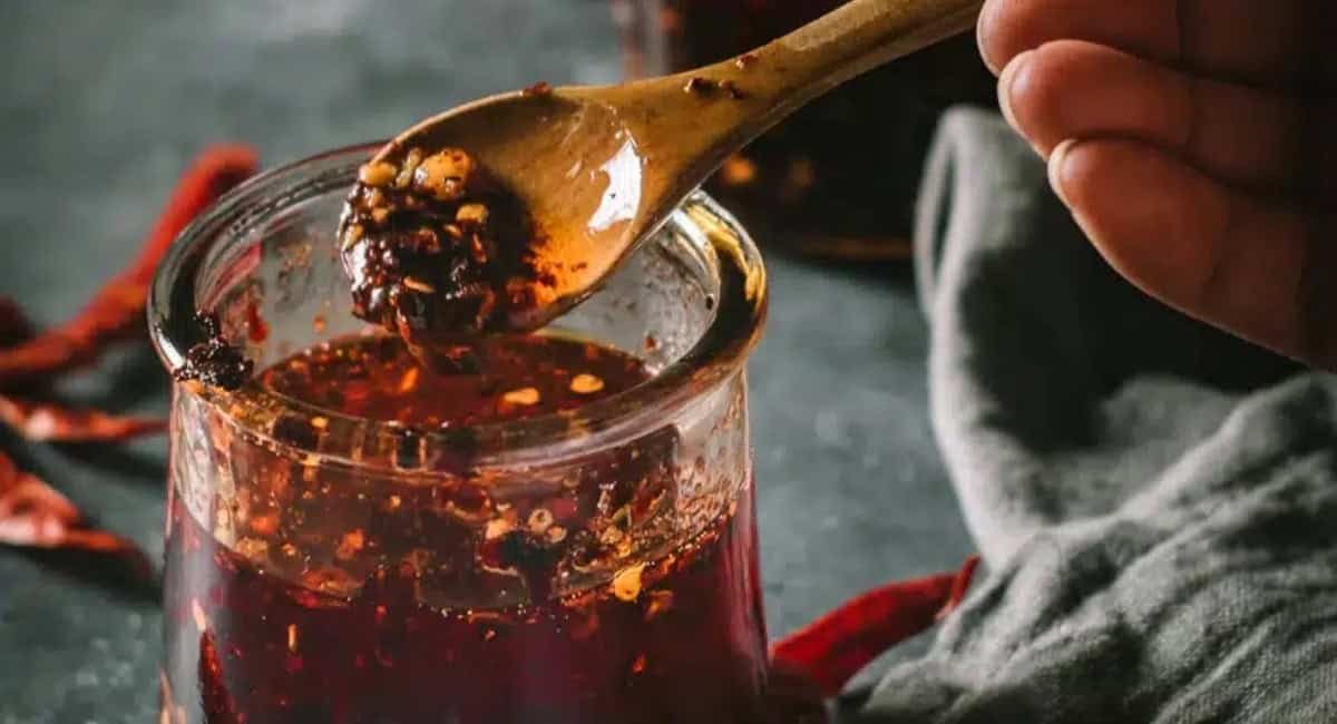 Up close image of salsa macha (Mexican chili oil).