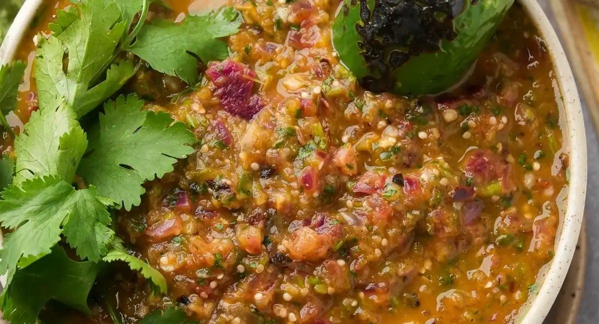 Overhead image of salsa verde (smoky roasted romatillo sauce) with garnish.